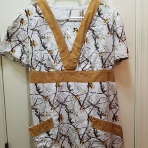 Camo maternity scrub top with chocolate pants